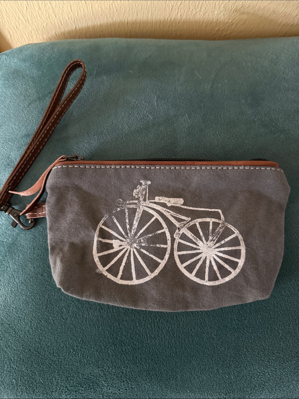 Canvas Wristlet Pouch with Bicycle Print - Gray and Brown